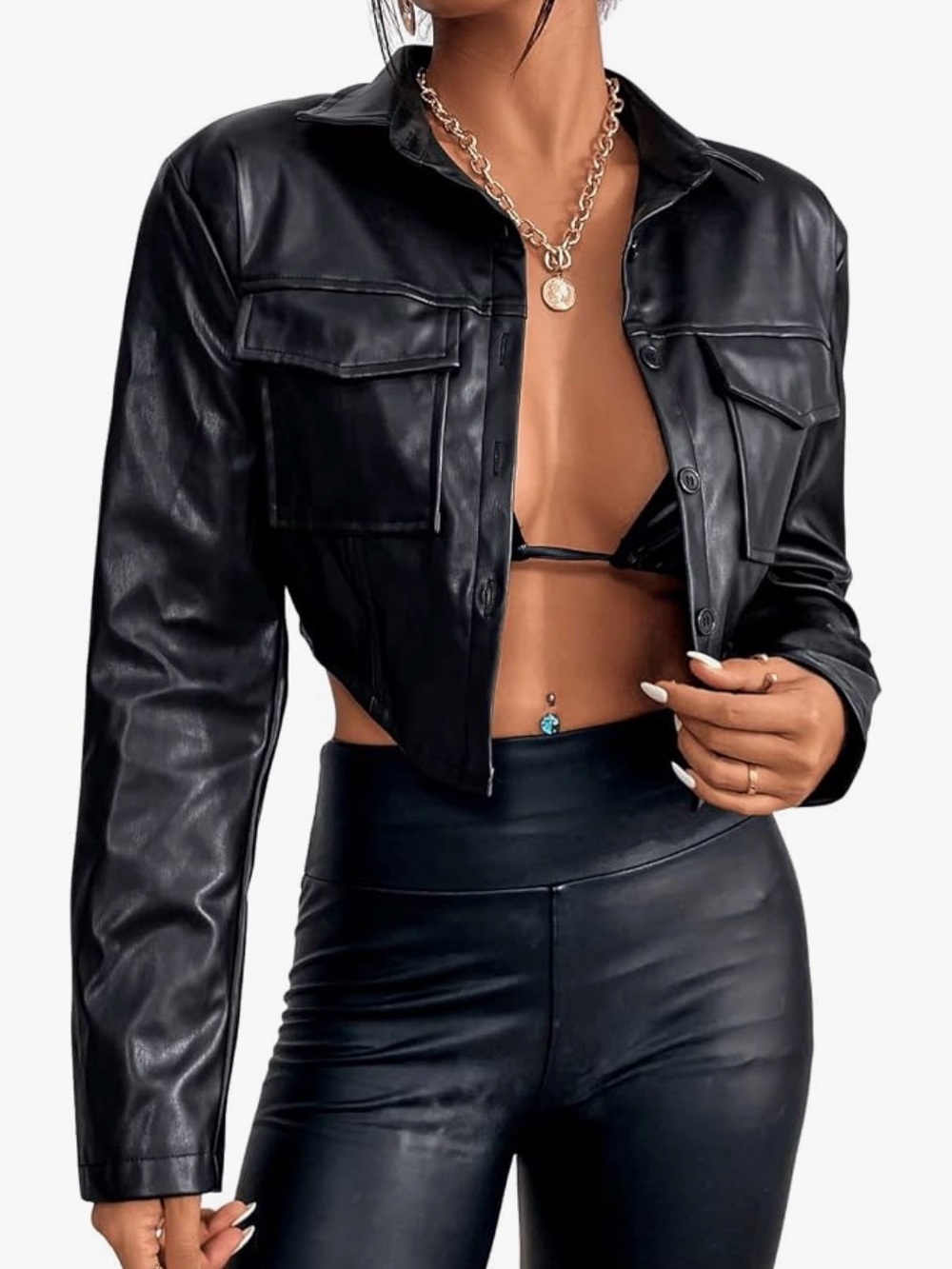 NEW Leather Cropped Coat Casual Button Front Jacket
